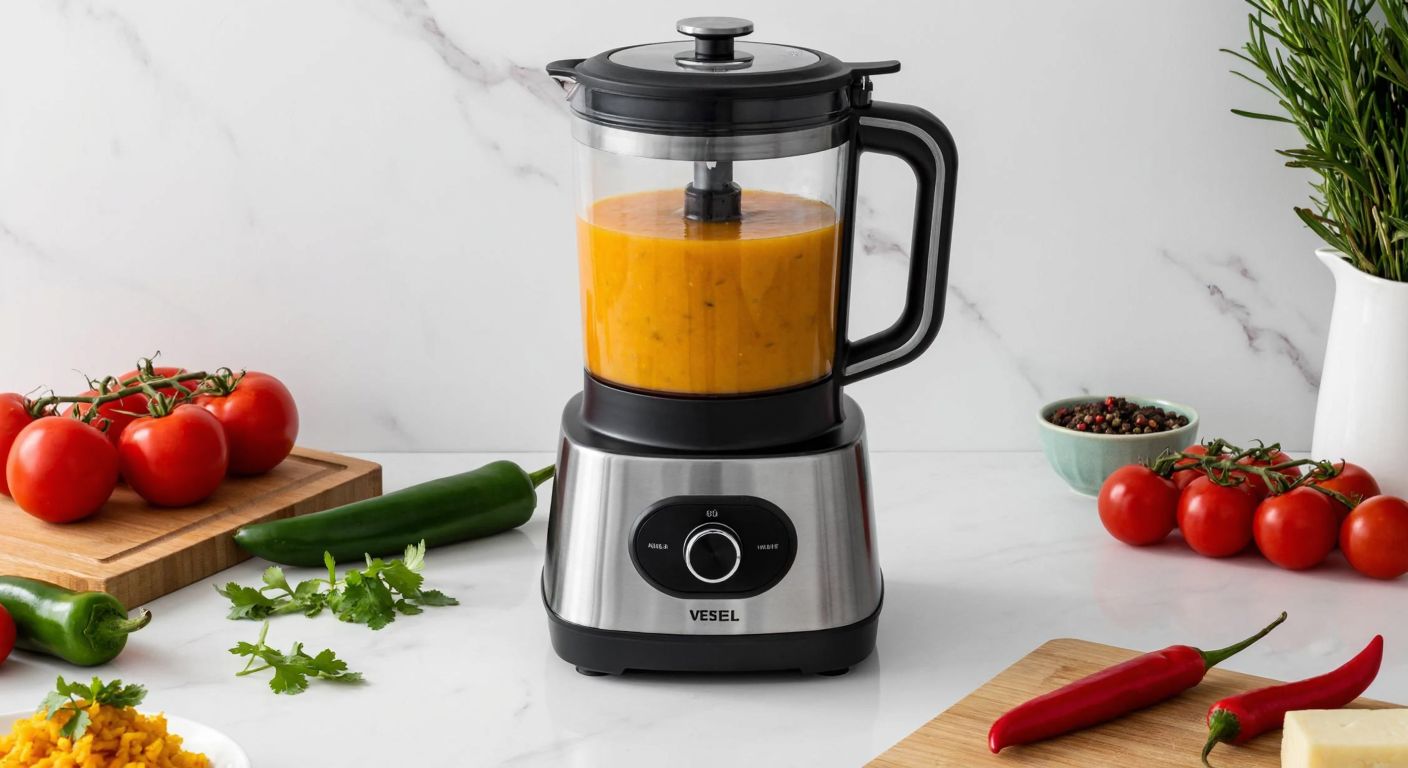 A modern Turkish kitchen with a sleek Vestel soup machine blending vibrant vegetables into a smooth, steaming soup, surrounded by fresh ingredients like tomatoes, peppers, and herbs on a marble countertop.