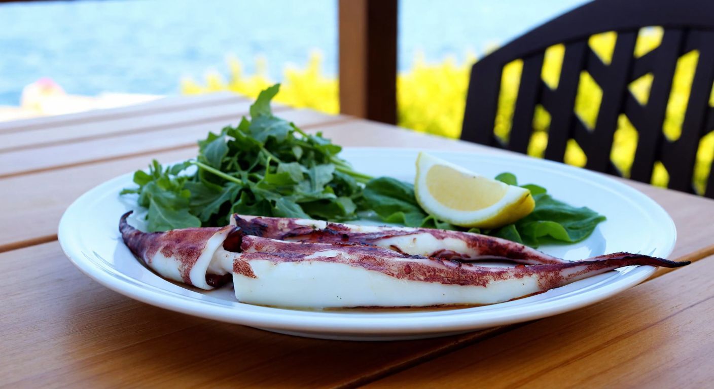 A fresh, grilled squid served on a plate with a side of lemon and greens, placed on a wooden table by the seaside in Turkey, evoking a light and healthy meal.