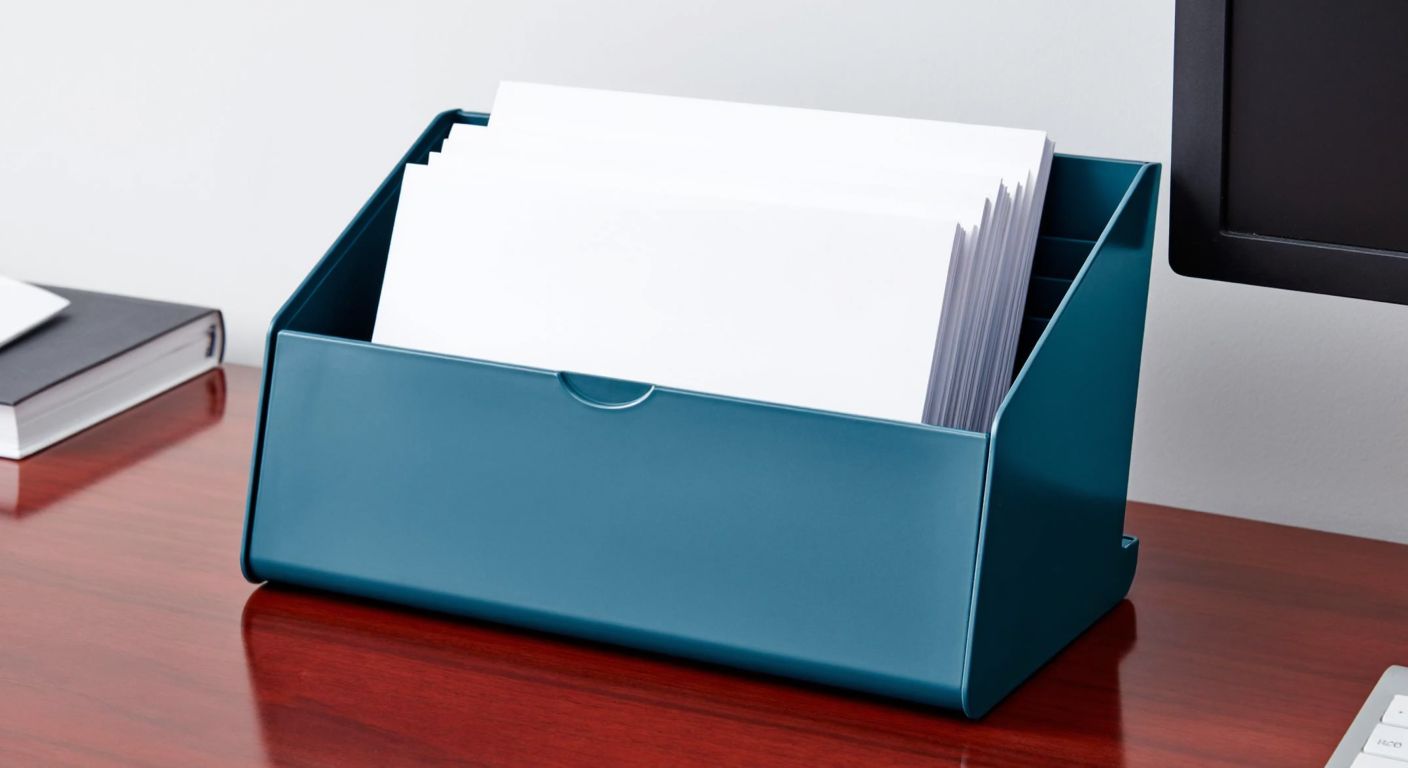 A sleek, metallic-blue Leitz secretary notepad holder sits on a polished wooden desk, filled with neatly stacked white A4 papers, exuding professionalism and organization.