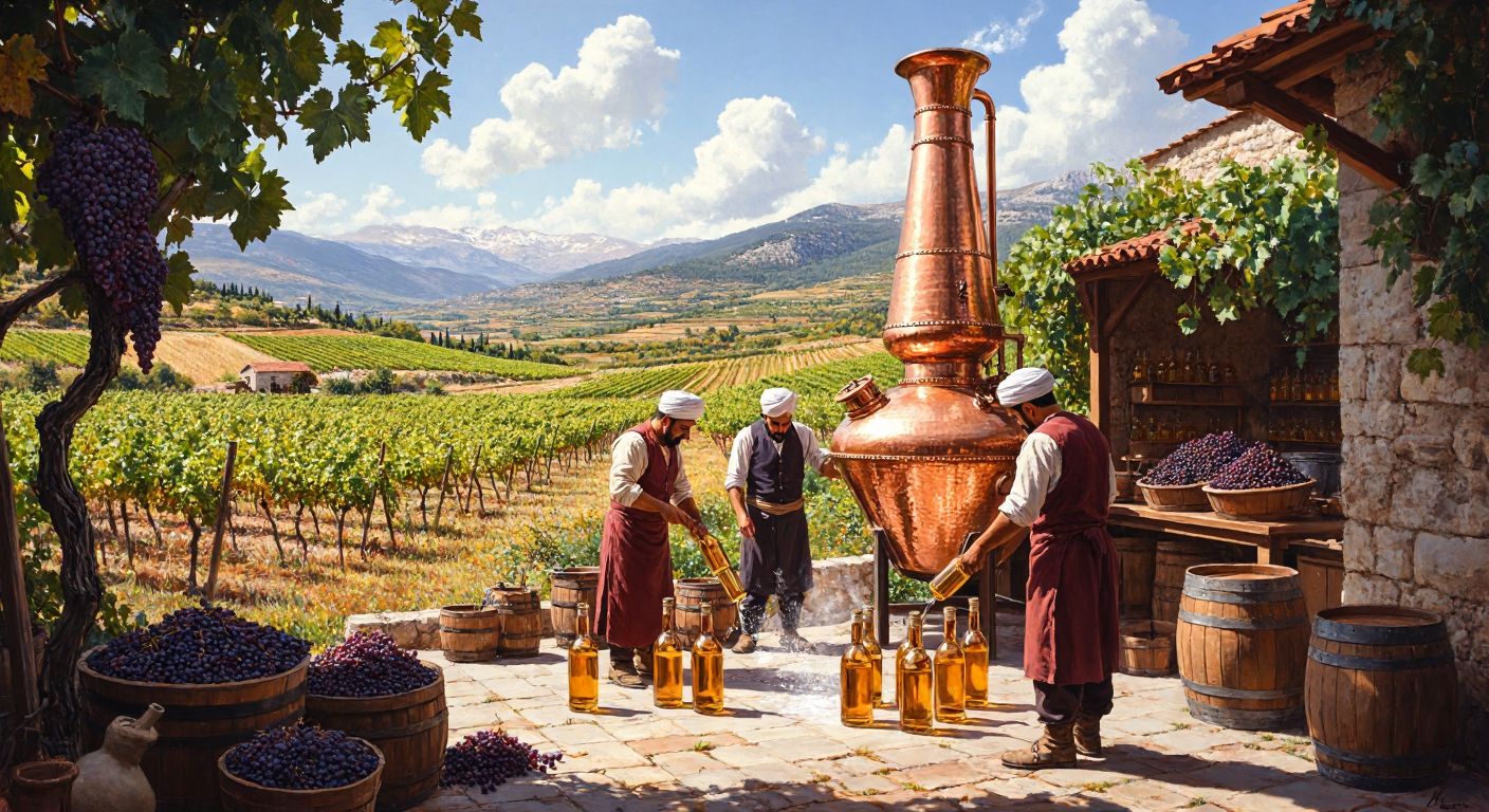 A sunlit distillery in Burdur with copper stills gleaming, surrounded by vineyards and anise fields, where workers in traditional Turkish attire carefully pour golden rakı into glass bottles.