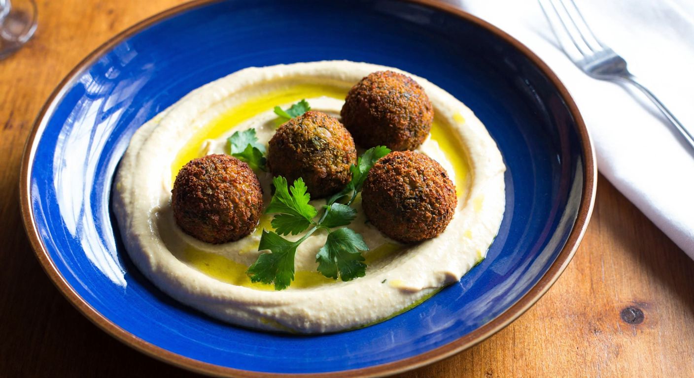 A vibrant plate of golden-brown falafel balls and creamy humus, garnished with fresh parsley and drizzled with olive oil, sits on a rustic wooden table in a sunlit Turkish kitchen, evoking warmth and wholesome nourishment.