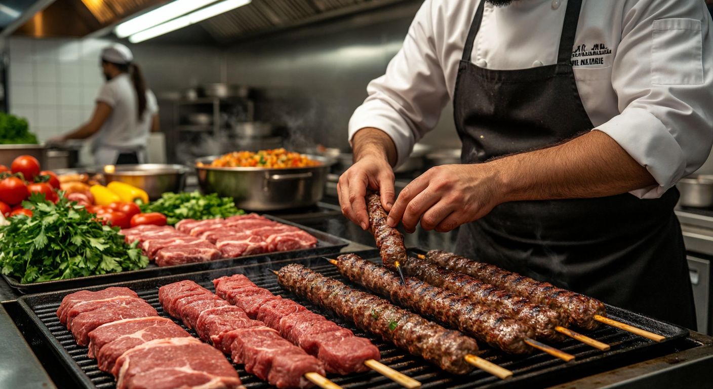A Turkish chef in a bustling kitchen carefully inserts a meat thermometer into a sizzling kebab on the grill, with a tray of raw marinated meat and fresh vegetables nearby.
