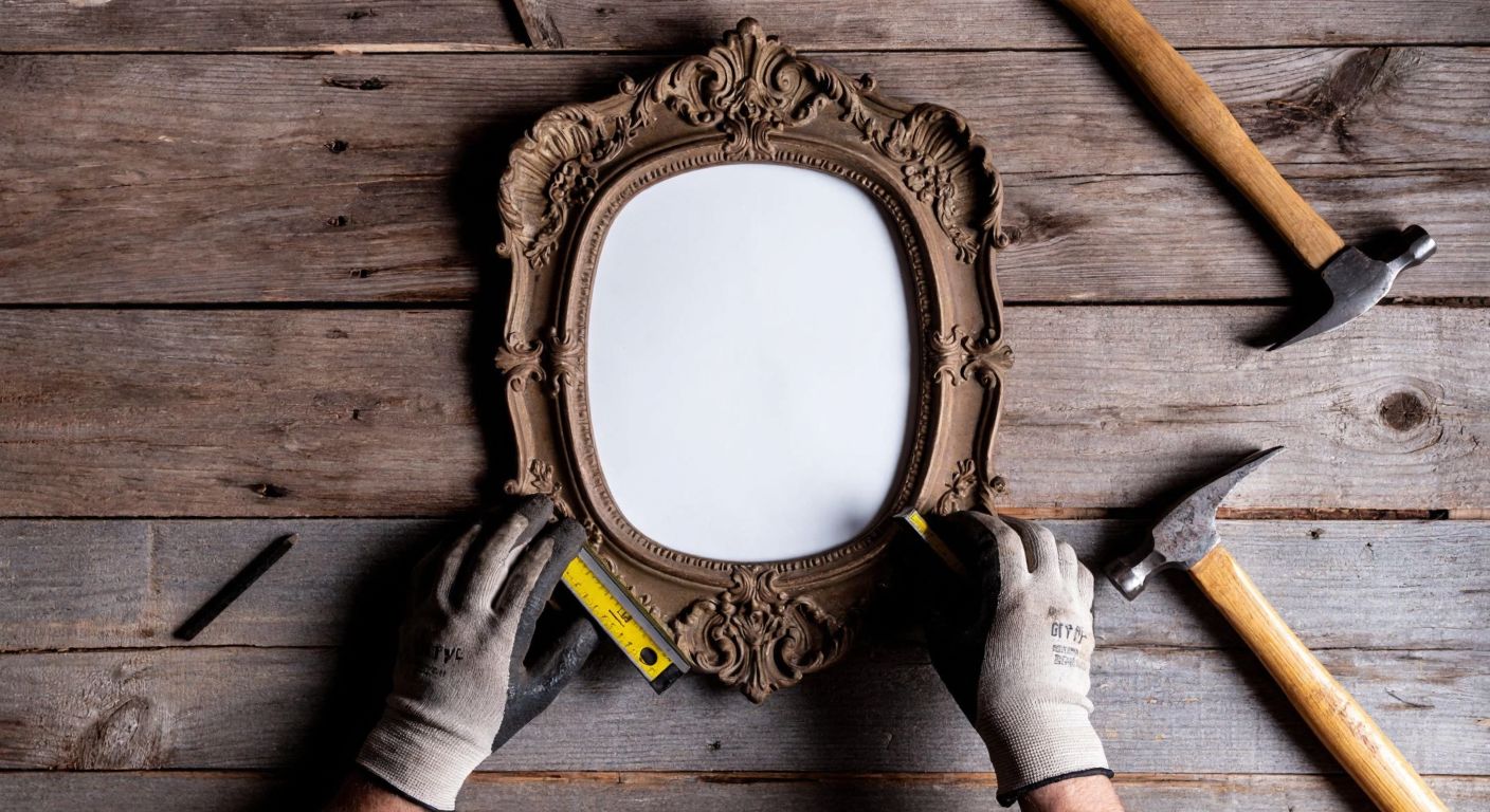 A weathered wooden wall with an ornate antique mirror being carefully pressed onto double-sided tape by a pair of hands wearing work gloves, surrounded by scattered tools like a spirit level and a hammer, evoking a sense of cautious craftsmanship.