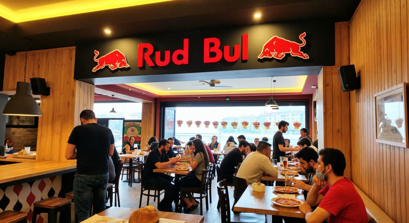 A bustling pizzeria in Atakum with a red bull logo on the sign, serving hot, cheesy pizzas to smiling customers in a cozy, wood-paneled dining area.