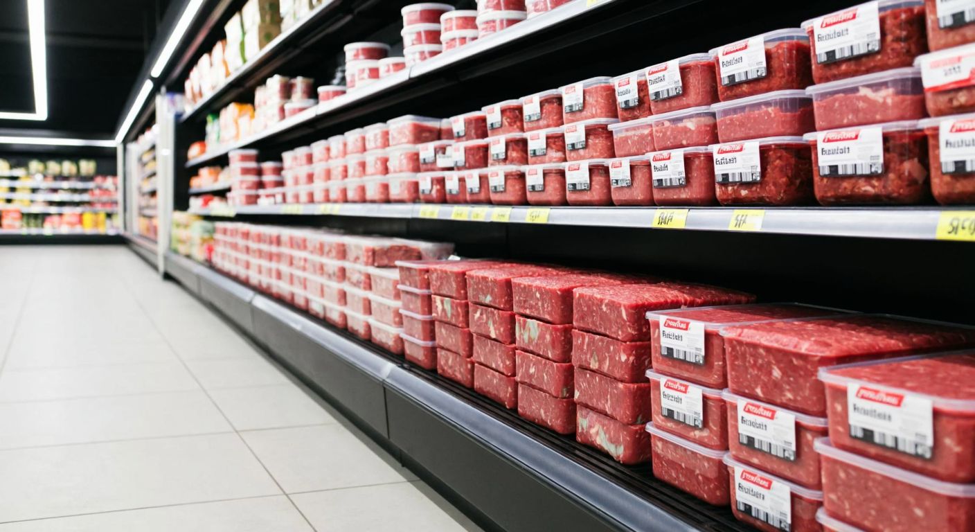 A Turkish supermarket aisle with neatly stacked packages of *Emin* brand diced beef (*kuşbaşı*) and ground beef (*kıyma*) on separate shelves, their prices subtly highlighted by color-coded tags.