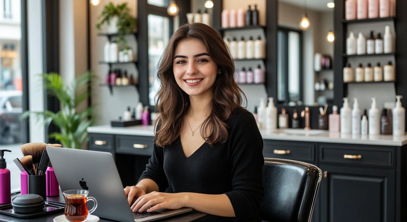 A young Turkish woman with neatly styled hair sits at a laptop in a bright salon, smiling confidently as she scrolls through job listings on İşin Olsun, surrounded by hairdressing tools and a cup of Turkish tea.