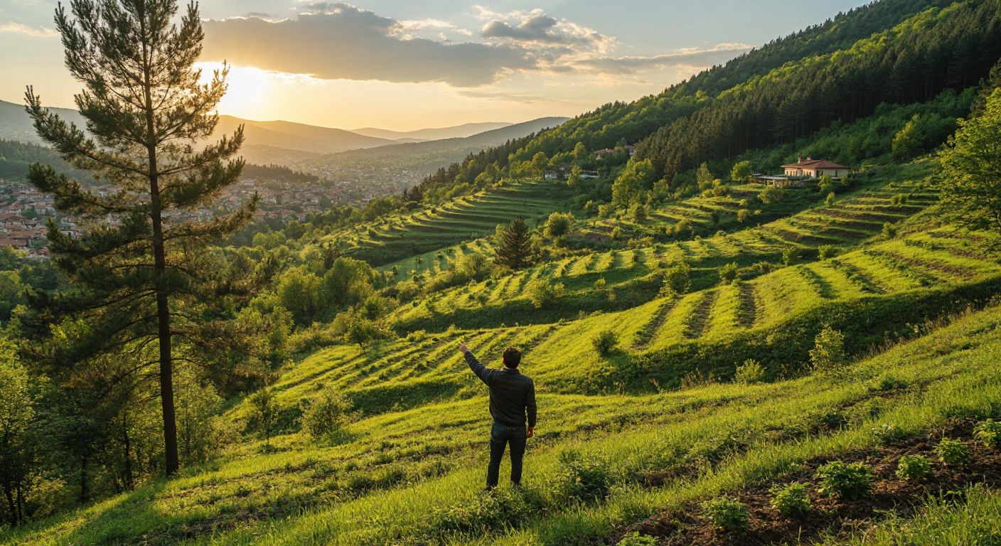 A sunlit hillside in Kartepe dotted with plots of varying sizes—some small and grassy, others vast and bordered by pine trees—with a real estate agent in casual attire pointing toward a distant neighborhood.