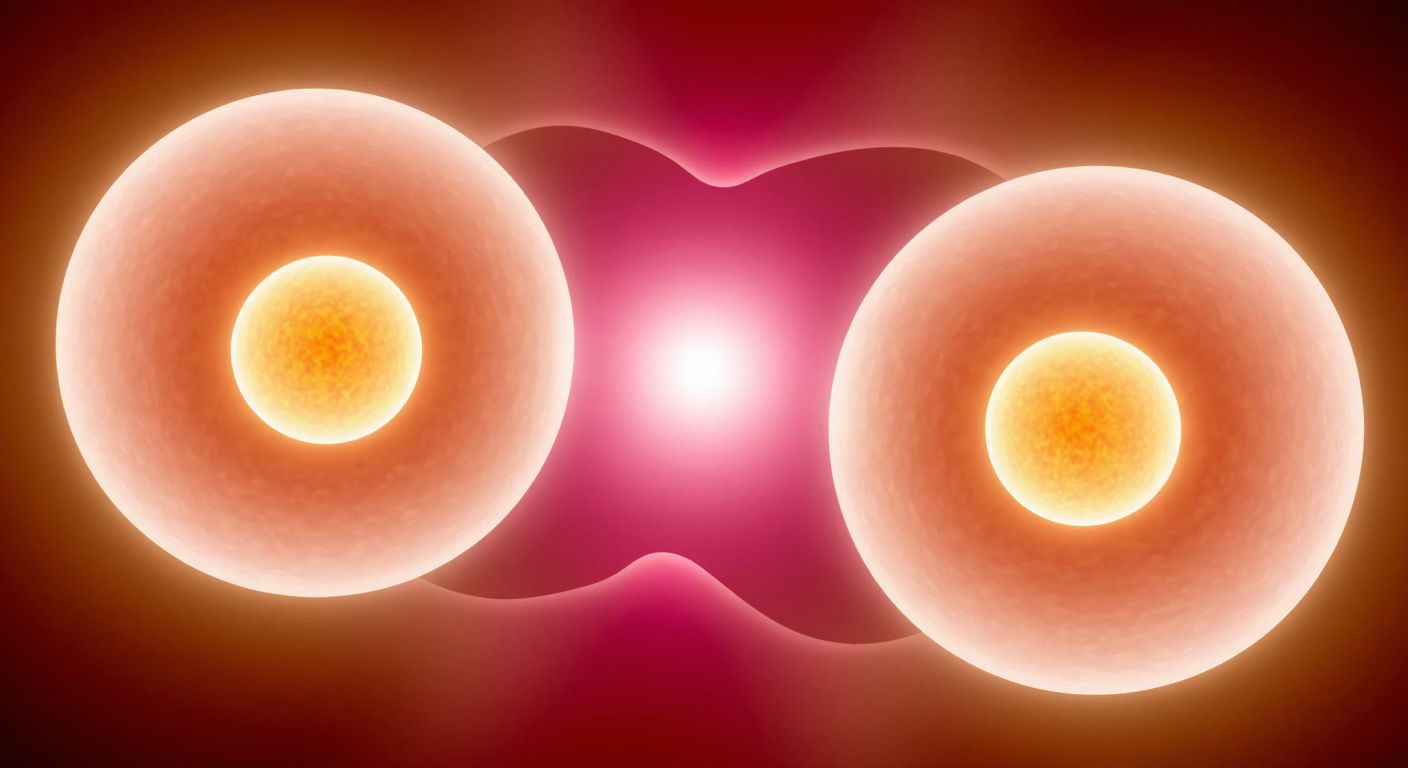 A glowing human egg cell splitting into two identical halves, surrounded by a warm, womb-like environment with soft pink and gold hues.