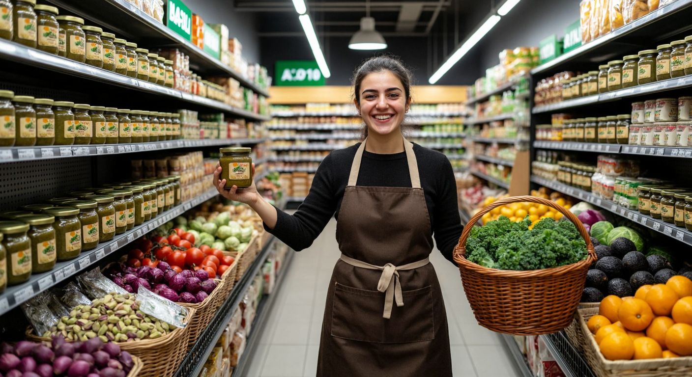 A vibrant Turkish grocery aisle with neatly stacked jars of pistachio paste, a smiling shopkeeper in an A101 apron holding one jar, and a customer reaching out eagerly with a basket full of fresh produce.