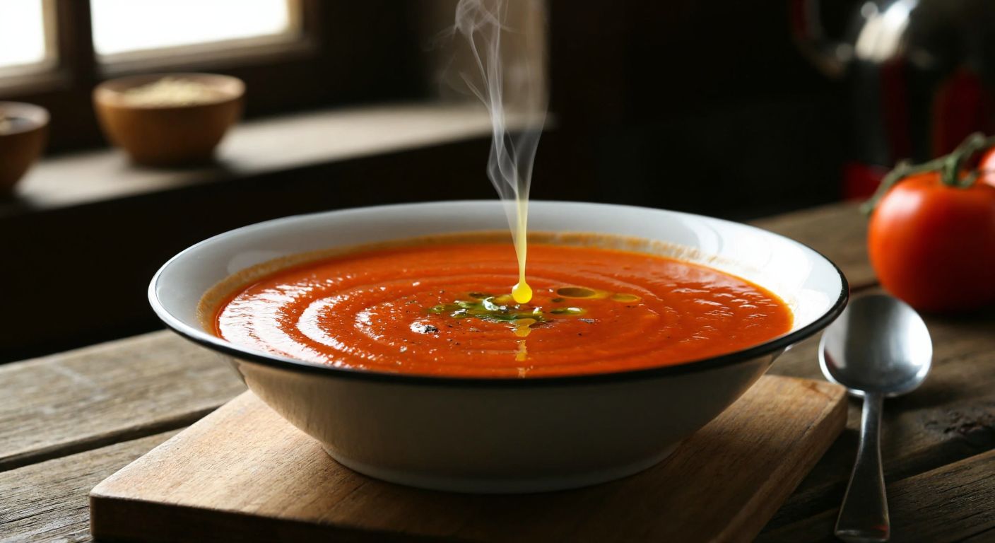 A steaming bowl of vibrant red tomato soup sits on a rustic wooden table in a cozy Turkish kitchen, with a small golden drizzle of olive oil glistening on its surface.