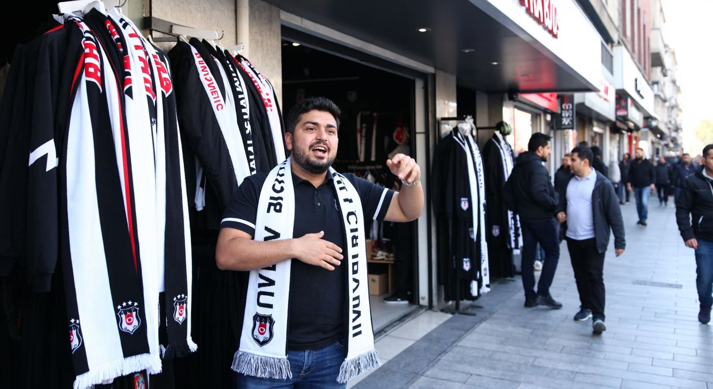 A passionate Beşiktaş fan in a black-and-white scarf stands outside a bustling Kartal Yuvası store, eagerly examining a display of officially licensed team scarves.