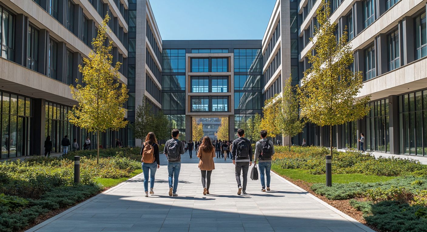 A modern university campus in Istanbul with students walking between buildings, one holding a finance textbook, while a professor gestures toward a signless "Business Faculty" entrance under a sunny sky.