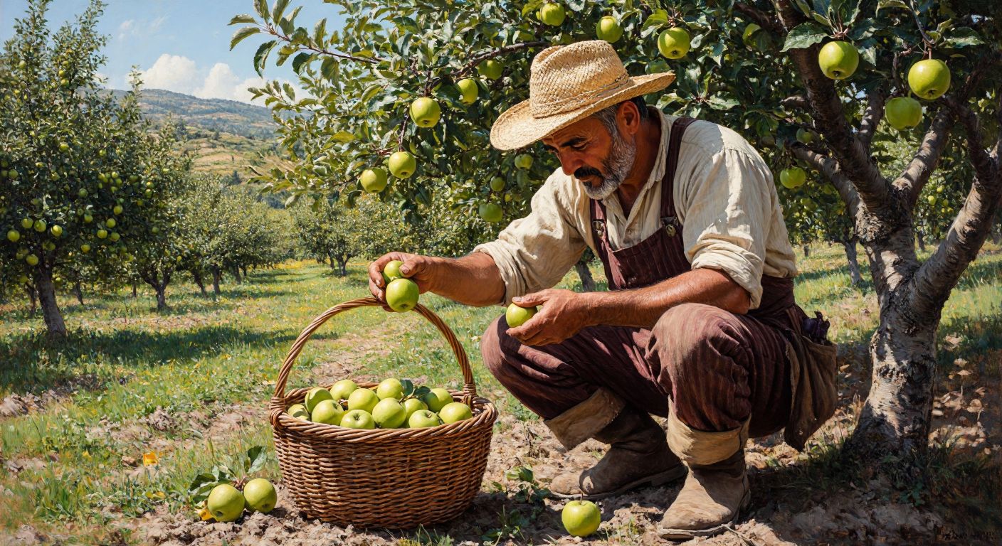 A Turkish farmer in a sunlit apple orchard carefully thinning small green apples from a branch, wearing a straw hat and traditional work clothes, with a woven basket of discarded fruit at their feet.