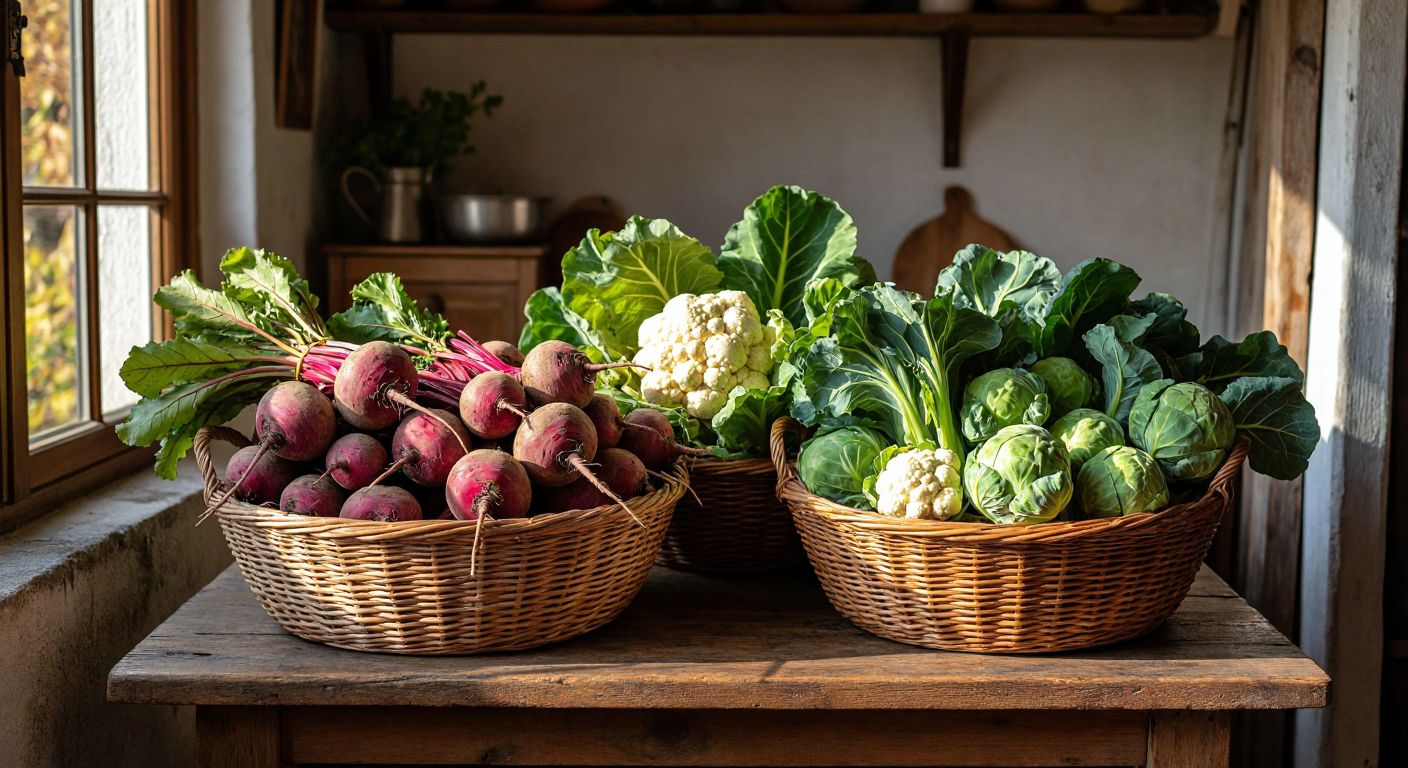 A rustic wooden table in a Turkish kitchen displays two woven baskets—one filled with earthy root vegetables like beets and celery, the other overflowing with seasonal greens like Brussels sprouts and cauliflower, bathed in warm autumn sunlight.