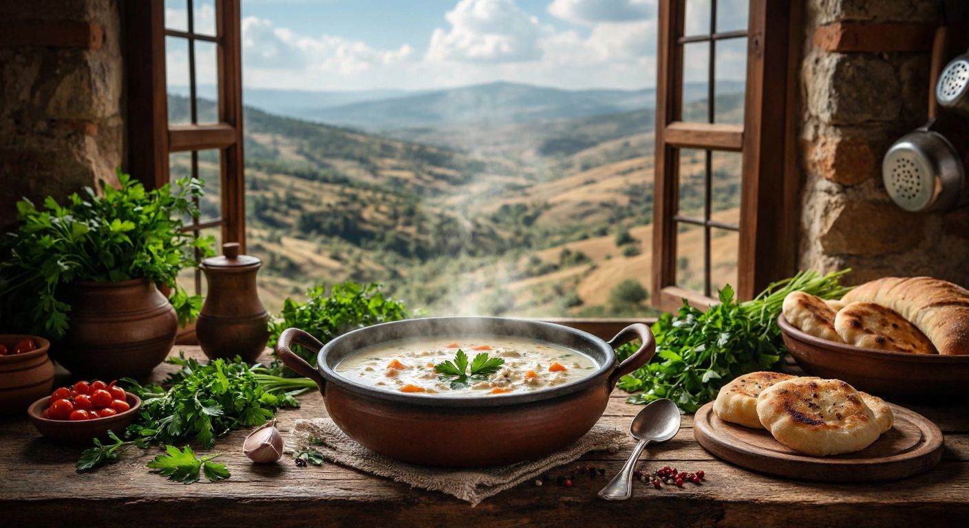 A steaming bowl of creamy **toyga çorbası** sits on a rustic wooden table in a traditional Turkish kitchen, surrounded by fresh herbs and warm bread, with the rolling hills of Anatolia visible through an open window.