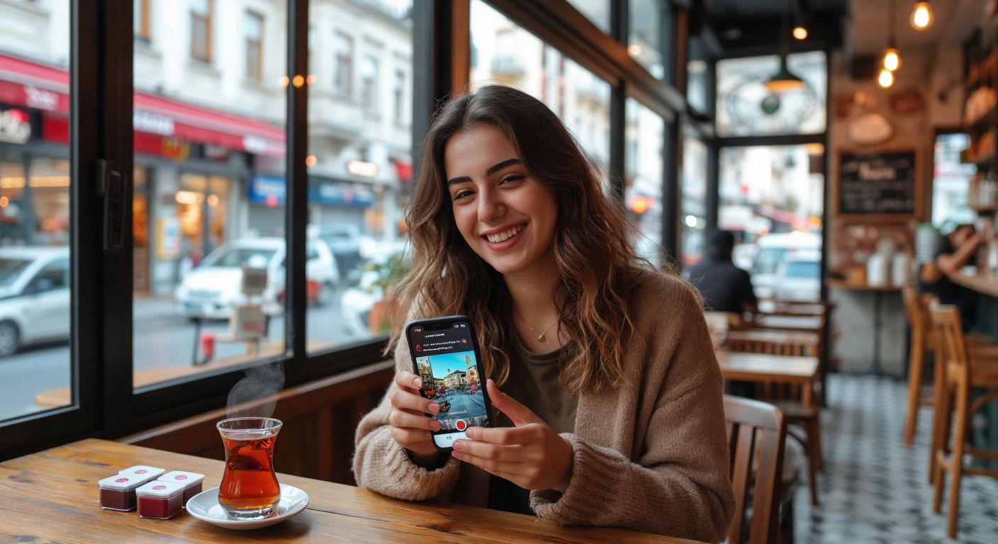 A young Turkish influencer in a cozy Istanbul café, smiling while holding a smartphone displaying a vibrant Instagram post, surrounded by small product samples and a steaming cup of Turkish tea.