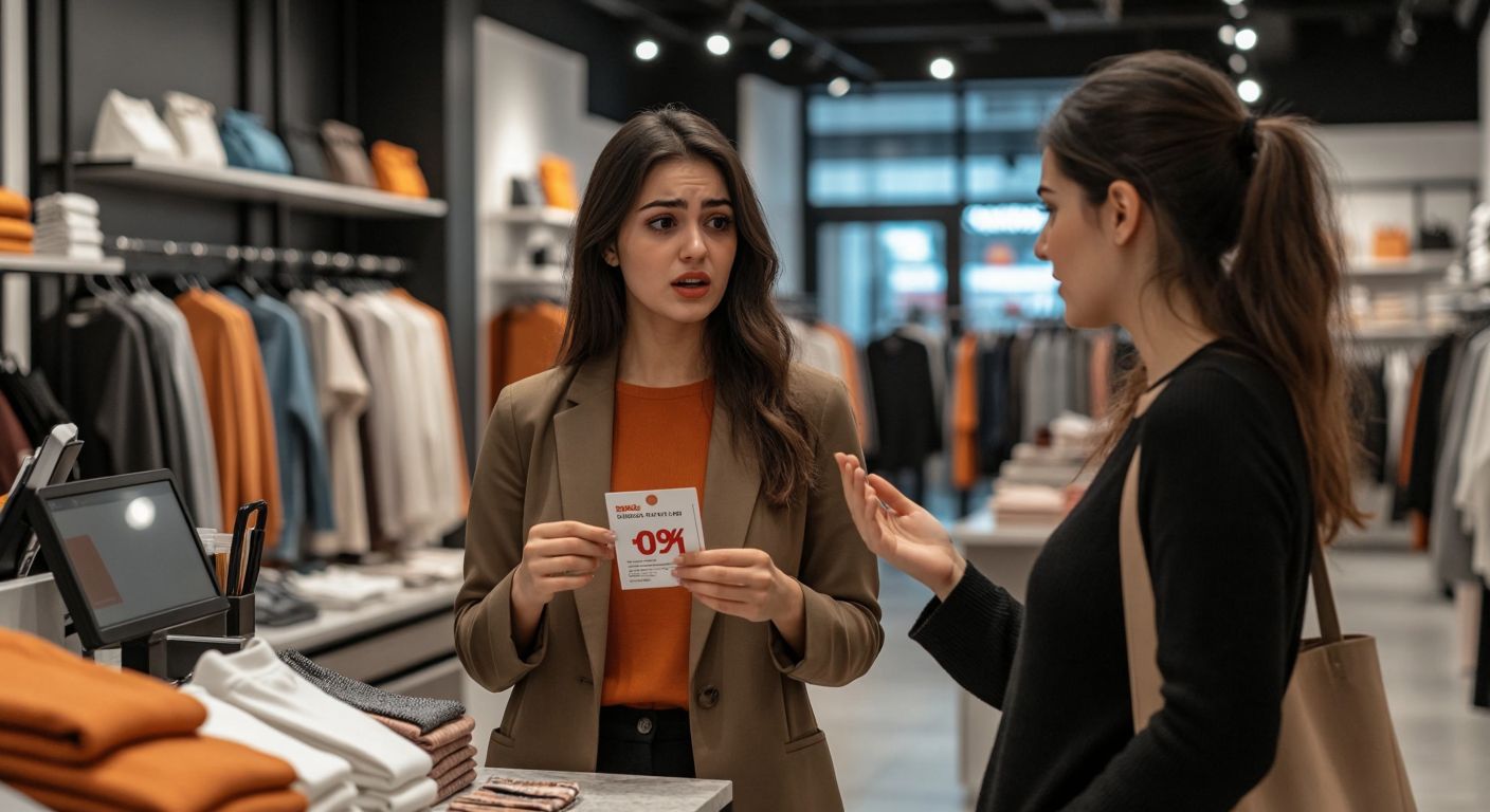 A disappointed shopper in a modern Turkish clothing store holds a discount coupon while standing near a checkout counter with a cashier politely explaining something.