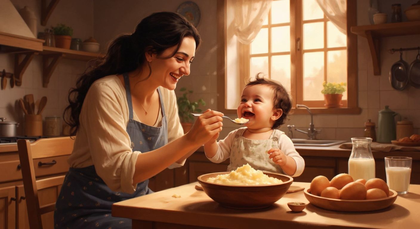 A smiling Turkish mother in a cozy kitchen gently spoon-feeding creamy baby semolina to a happy, chubby-cheeked infant in a highchair, with a bowl of warm semolina and a glass of milk nearby.