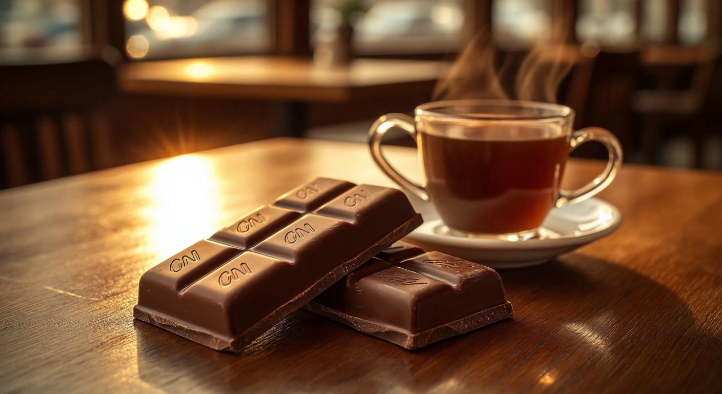 A glossy, unwrapped **NIN Çikolata** bar resting on a wooden table in a Turkish café, with a steaming cup of Turkish coffee beside it and a warm, golden light casting a cozy glow.