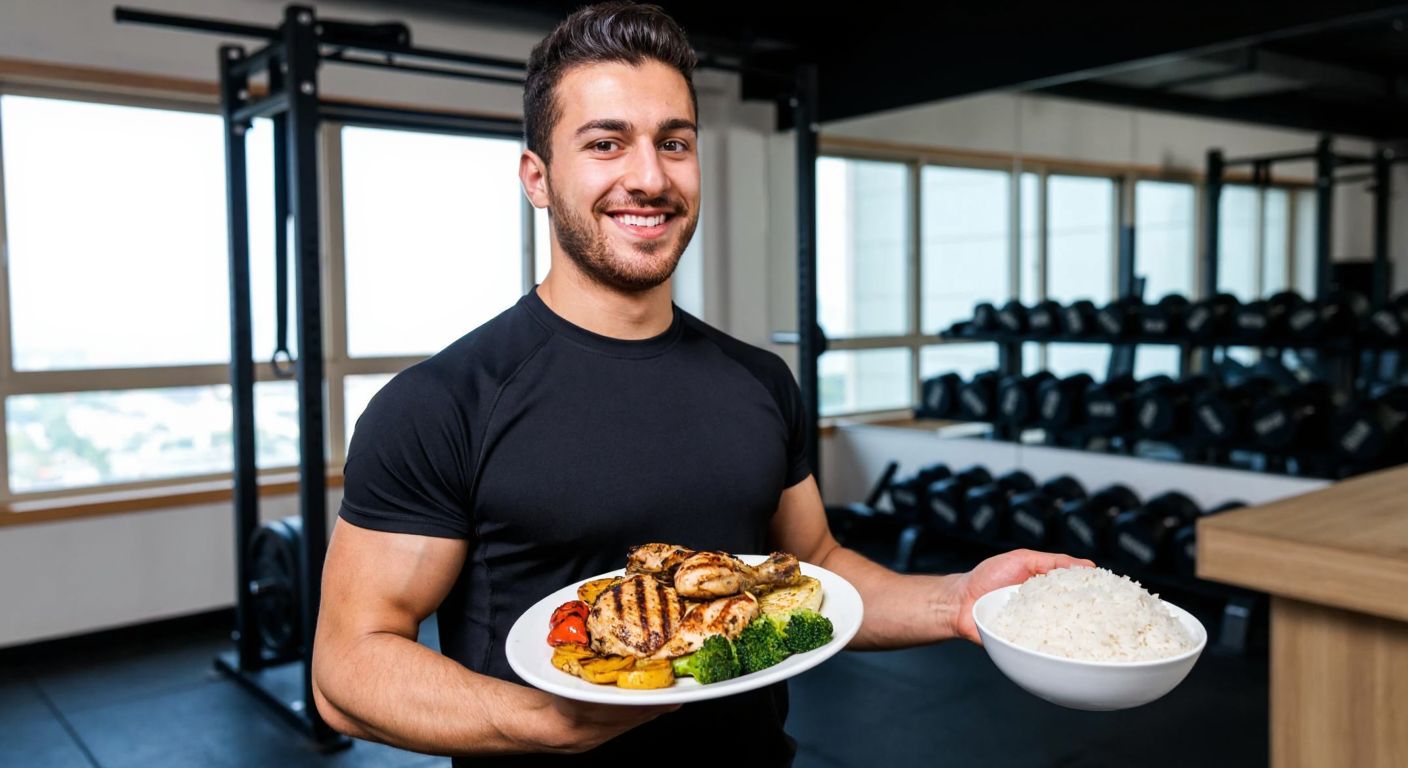 A fit Turkish athlete in a gym, smiling confidently while holding a plate of grilled chicken and vegetables, with a bowl of rice nearby, symbolizing carb cycling for fat loss.