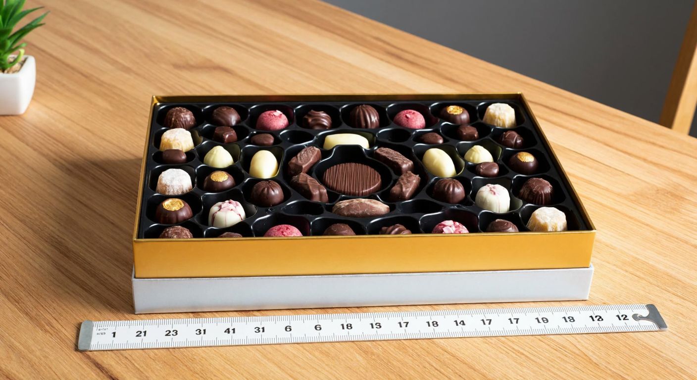 A glossy silver and gold 24-compartment chocolate box filled with assorted Turkish chocolates, placed on a wooden table with a measuring tape showing dimensions of 31 cm by 24 cm.