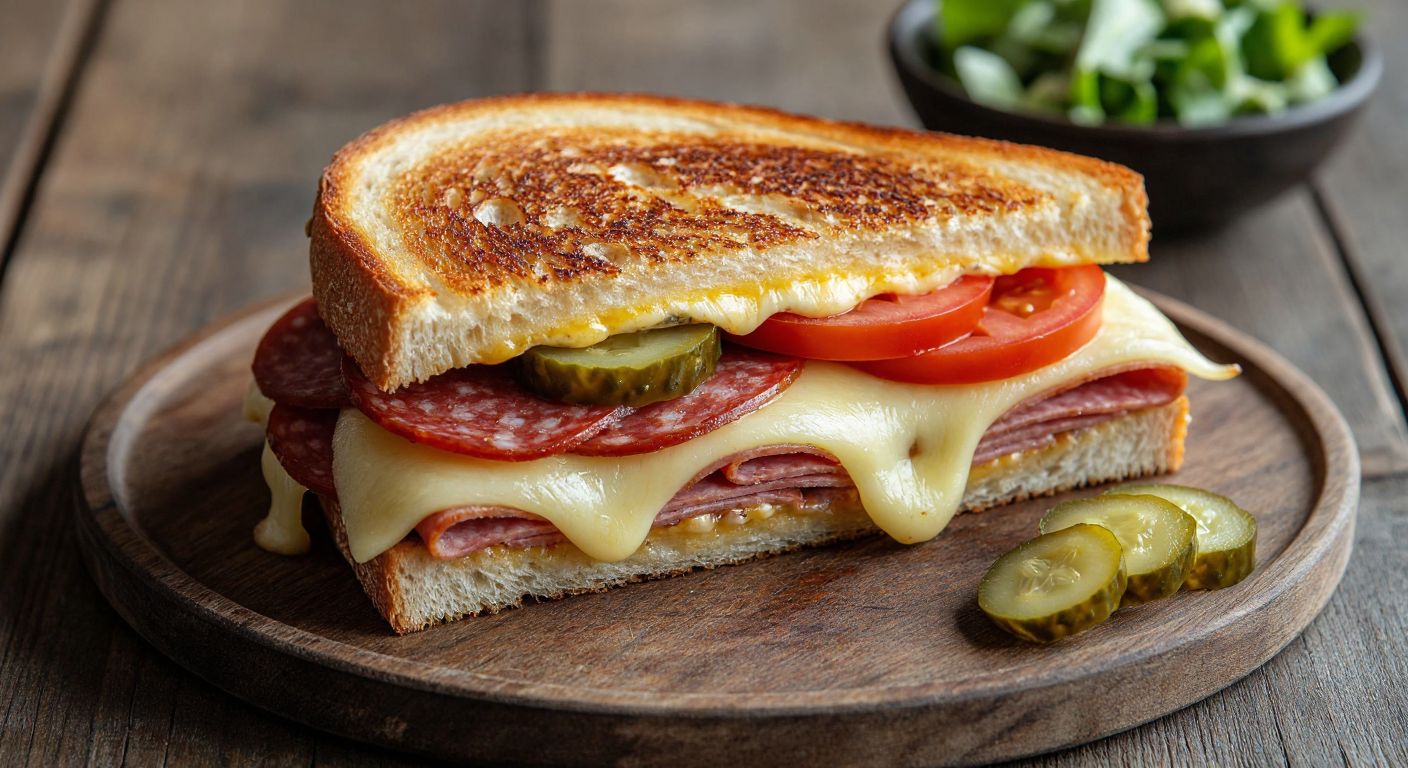 A golden-brown toasted sandwich oozing melted kaşar cheese, filled with slices of sucuk, salam, sosis, fresh tomatoes, and pickled cucumbers, served on a rustic wooden board with a side of vibrant Russian salad.