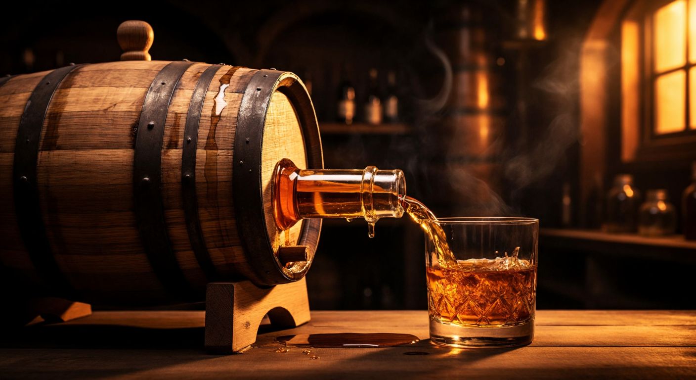 A rustic oak whiskey barrel sits in a dimly lit cellar, its rich wooden surface glowing warmly, while golden liquid drips slowly from its spigot, releasing aromatic vanilla and caramel notes into the air.