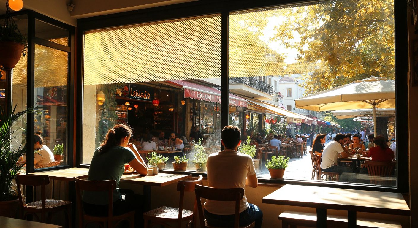 A sunlit Turkish café window covered with a perforated one-way vision film, allowing patrons inside to enjoy privacy while the vibrant outdoor bazaar remains visible from within.
