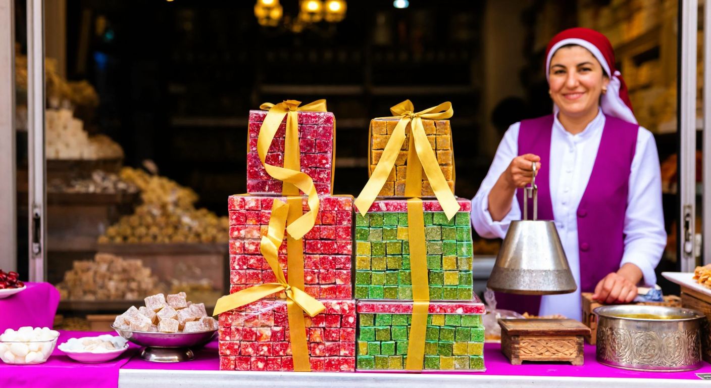 A vibrant Turkish bazaar stall displaying three neatly stacked, colorful boxes of lokum (Turkish delight) wrapped in golden ribbon, with a smiling vendor in traditional attire holding a scale nearby.
