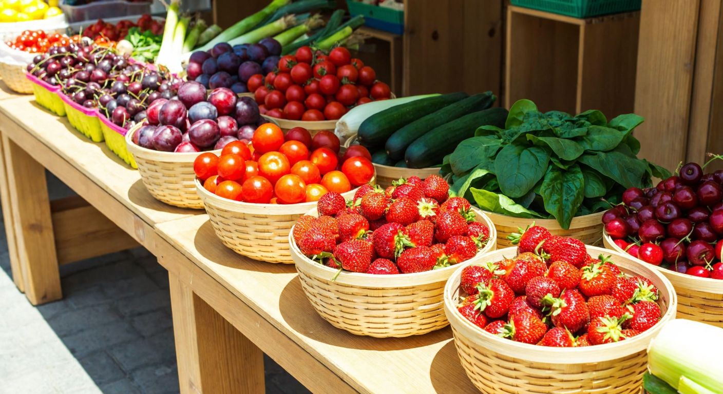 A vibrant wooden market stall in Turkey overflowing with fresh strawberries, cherries, plums, tomatoes, cucumbers, spinach, and leeks, arranged in colorful woven baskets under a warm sun.