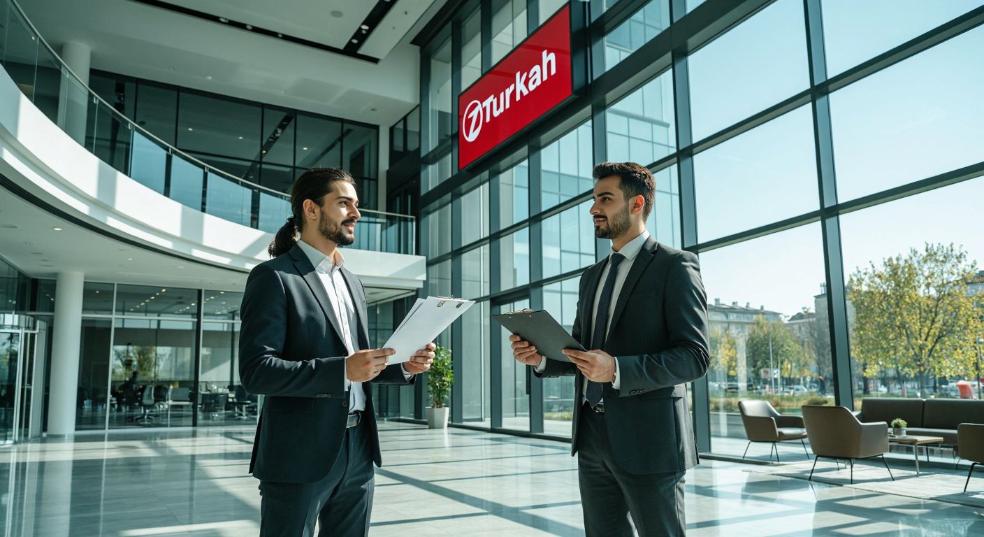 A modern Turkish bank building with a sleek glass facade, where a well-dressed banker in a suit confidently presents a financial document to a curious client in a bright, professional office setting.