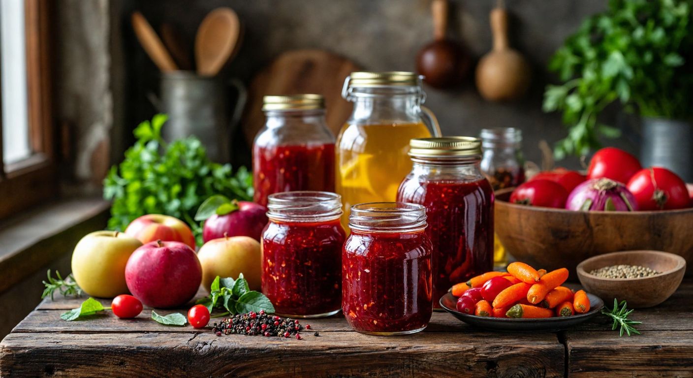 A rustic wooden table in a Turkish kitchen holds glass jars filled with golden apple vinegar, deep red isotlu sauce, and vibrant pickled vegetables, with fresh fruits and herbs scattered around.