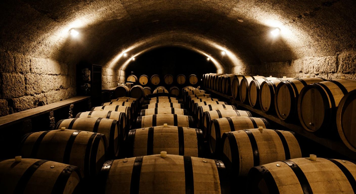 A dimly lit stone wine cellar in Turkey, filled with rows of wooden barrels and dusty glass bottles, evoking a sense of tradition and aging craftsmanship.