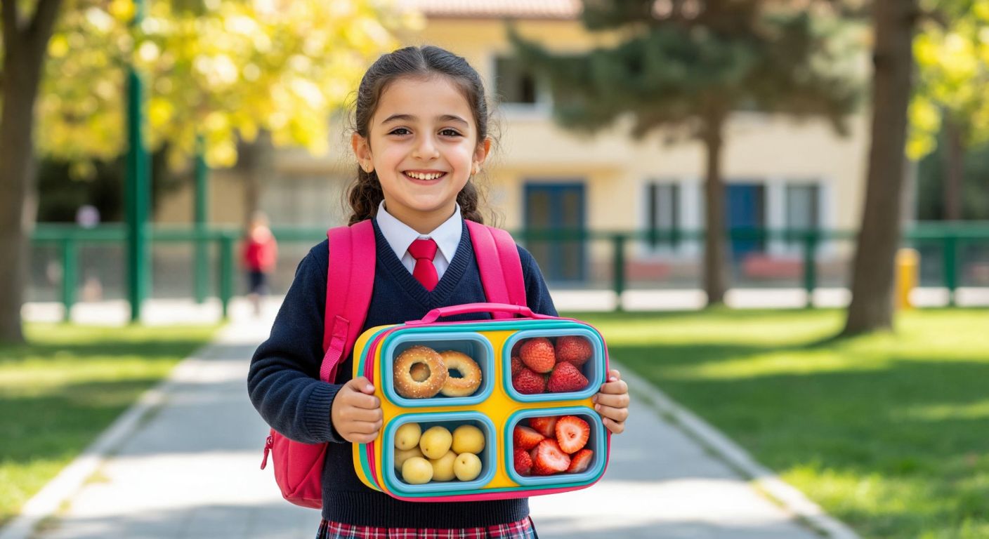 A cheerful Turkish child in a school uniform proudly carries a colorful, insulated lunchbox with multiple compartments, filled with fresh simit and sliced fruit, while standing in a sunny schoolyard.