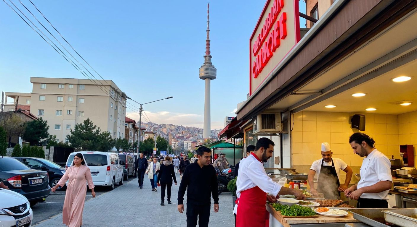 A bustling street in Şentepe with a towering television transmitter in the background and a lively çiğköfte restaurant in the foreground, where a mustachioed chef energetically prepares the dish for eager customers.