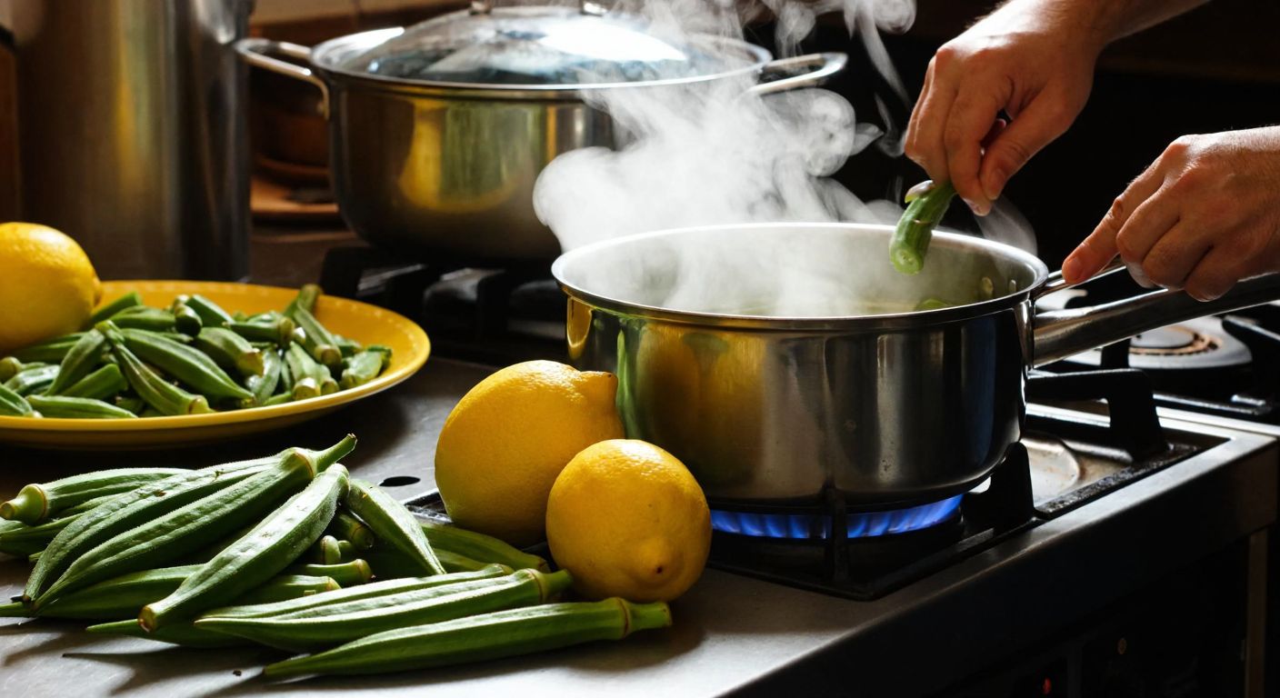 A Turkish kitchen scene with fresh okra, lemons, and a bubbling pot on a stove, where a cook carefully trims okra tips while steam rises from the pot, evoking warmth and meticulous preparation.