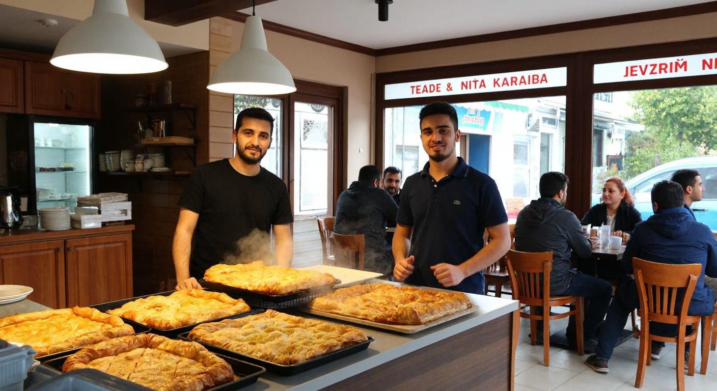 A warm bakery scene in Nazilli with Tevfik and Oğulcan Kocabay smiling behind a counter, golden-brown börek trays steaming in the foreground, and customers chatting at wooden tables.