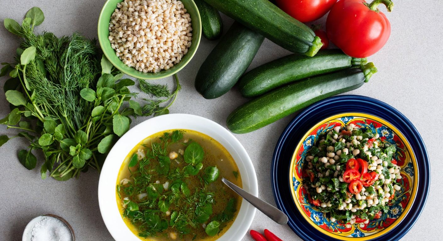 A vibrant Turkish kitchen countertop displays fresh ingredients like zucchini, dill, barley, black-eyed peas, and purslane, with a steaming bowl of light semizotu soup and a colorful plate of barley salad, evoking a post-holiday healthy meal preparation.