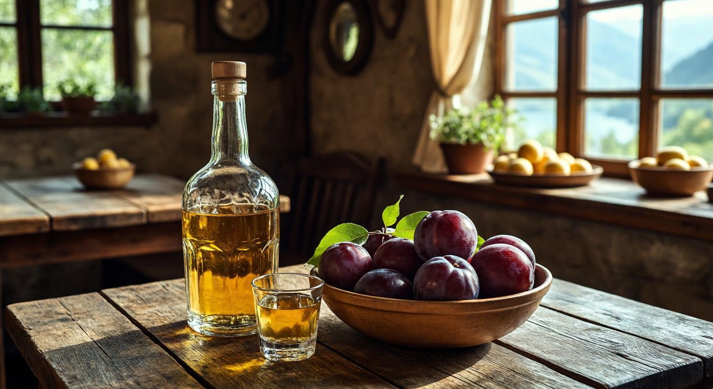 A rustic wooden table in a cozy Balkan tavern holds a clear glass bottle of golden-hued rakija and a small traditional shot glass, with a bowl of ripe plums and quinces beside it, evoking warmth and conviviality.