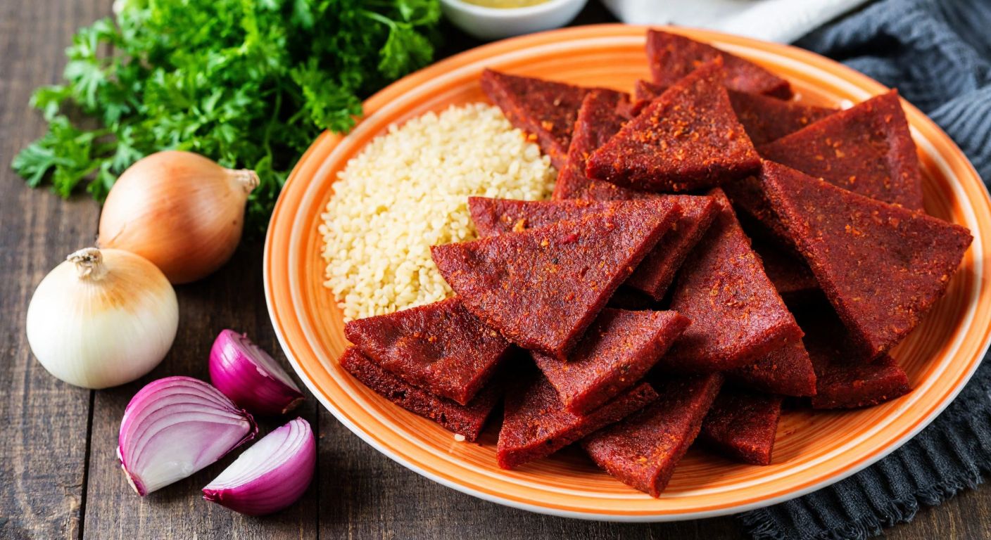 A vibrant plate of crispy red çiğköfte chips sprinkled with spices, placed beside fresh ingredients like bulgur, parsley, and onions on a rustic wooden table in a Turkish kitchen.