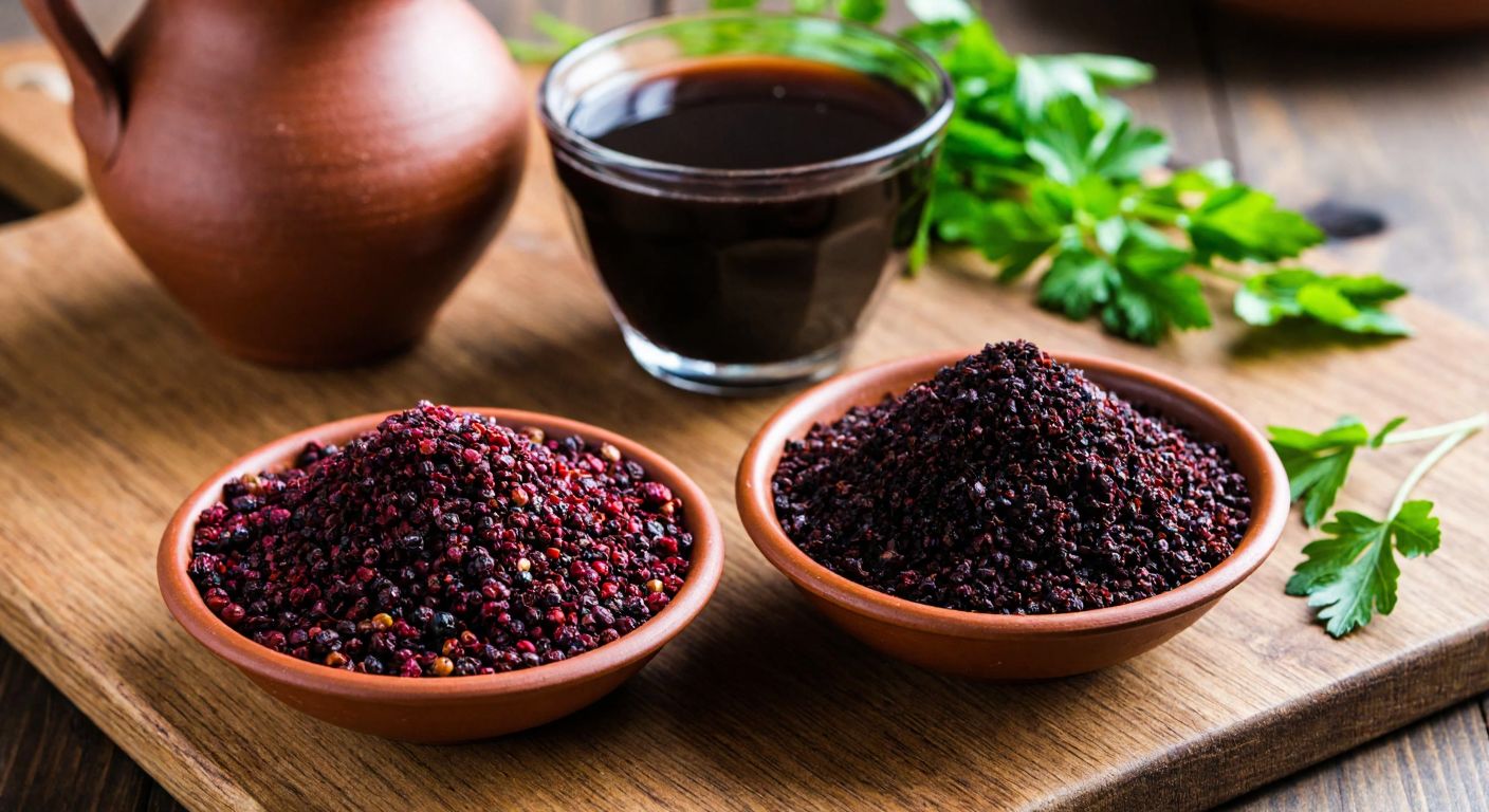 A rustic wooden table in a Turkish kitchen holds two small bowls—one filled with dried, deep-red sumac berries ground into a coarse powder, and the other with a dark, glossy liquid (sumac extract), alongside fresh herbs and a clay pitcher.