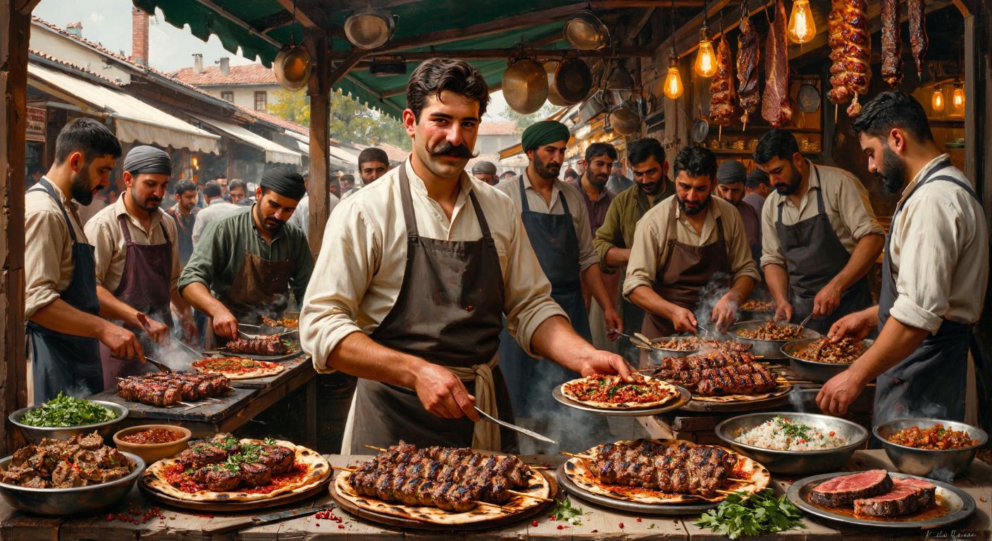 A bustling 19th-century Bursa market scene with a mustachioed man in an apron proudly serving sizzling döner kebabs on warm flatbreads, surrounded by the aroma of grilled meat and curious onlookers.