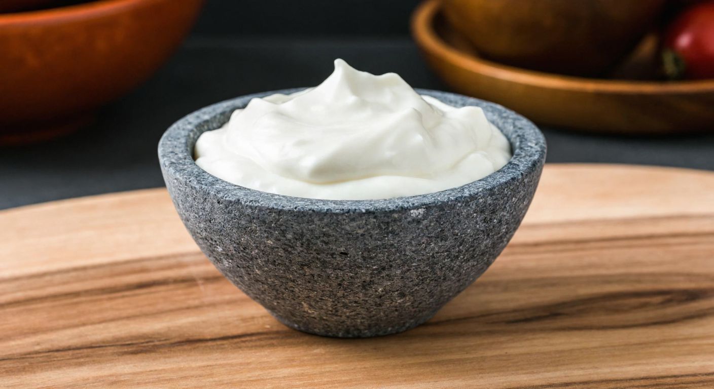 A rough-hewn gray stone bowl with a porous surface sits on a wooden table, filled with thick, creamy white yogurt, surrounded by rustic Turkish countryside in the background.