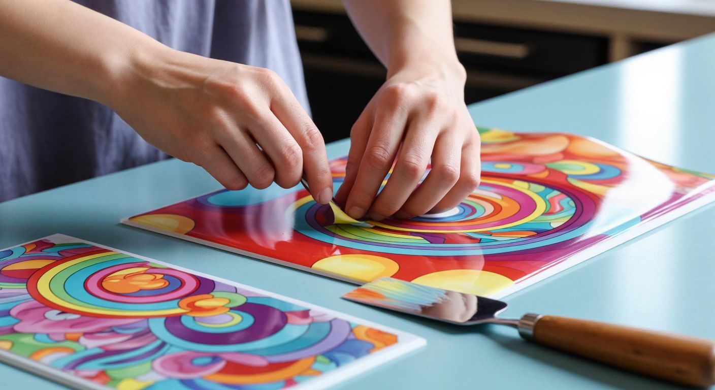 A person carefully peeling the protective backing off a colorful sticker before applying it to a clean, smooth surface, with a small spatula nearby for smoothing out air bubbles.