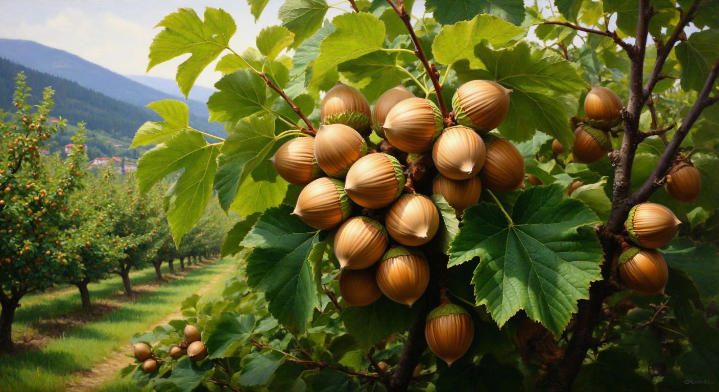 A sunlit orchard in Giresun with plump, golden-brown hazelnuts clustered on lush green branches, their smooth shells glistening with dew.