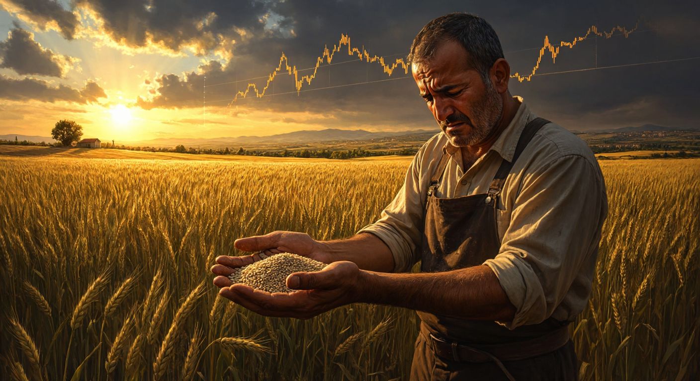 A worried Turkish farmer in a sunlit wheat field, holding a handful of dry fertilizer, with a distant stock market graph collapsing in the background.