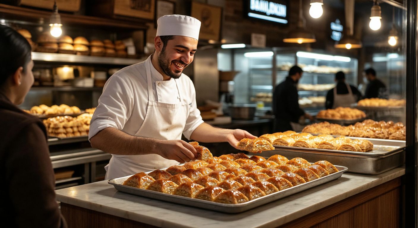 A warm, golden tray of freshly baked baklava glistening with syrup, placed on a wooden counter in a bustling Istanbul bakery, with a smiling baker in a white apron and traditional Turkish cap offering a piece to a delighted customer.