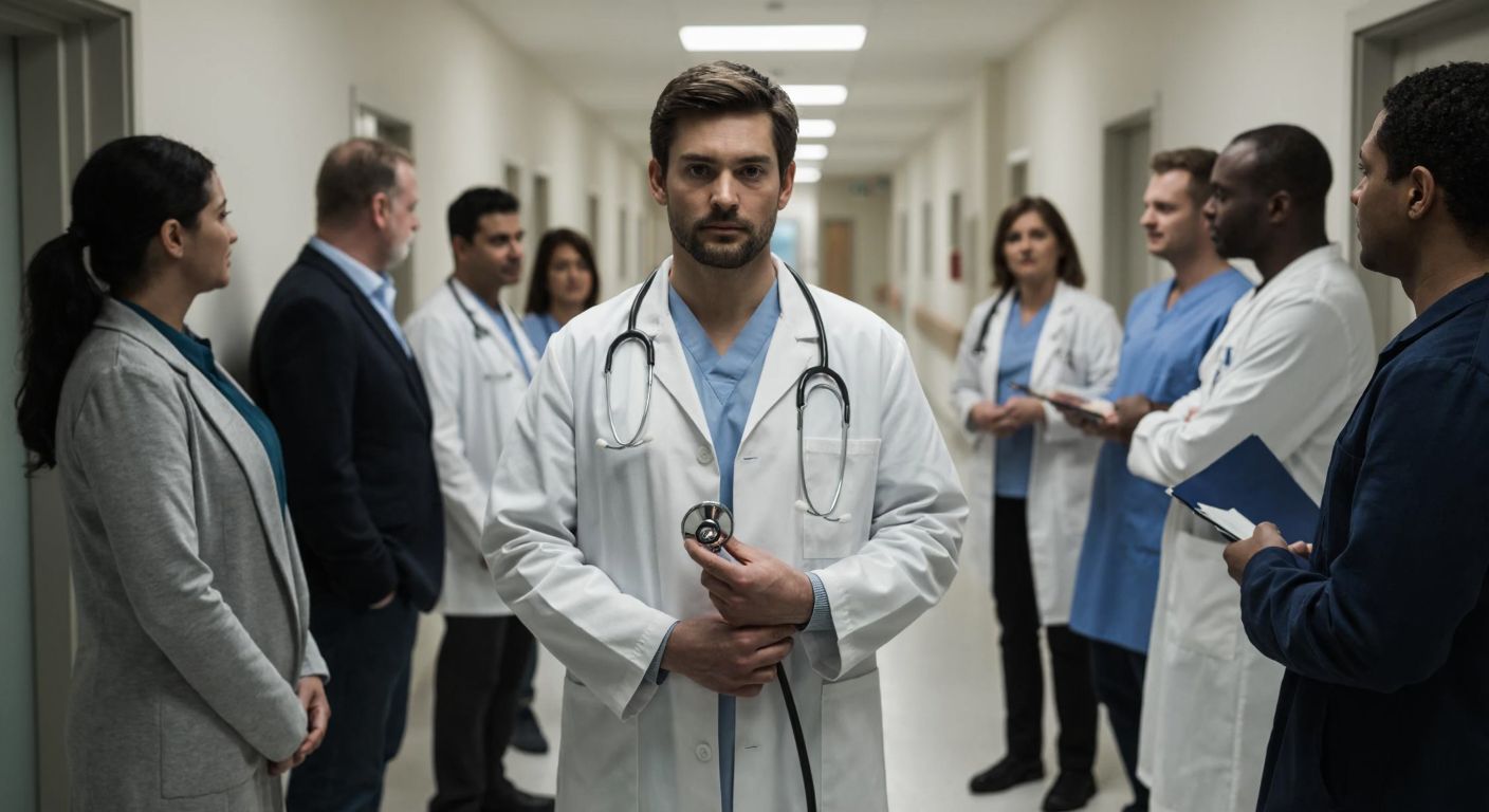 A serious-looking doctor in a white coat stands in a German hospital hallway, holding a stethoscope, while a diverse group of medical professionals converse nearby.