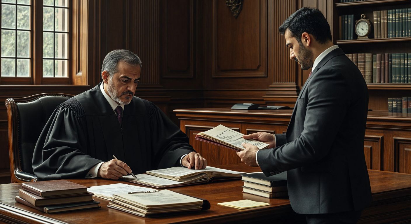 A stern Turkish judge in a dark robe reviews legal documents at a wooden bench, while a businessman in a suit hands cash to an accountant across a cluttered desk with ledger books.