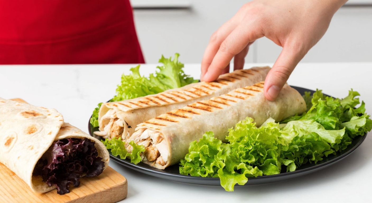 A neatly sliced portion of juicy chicken döner on a plate, surrounded by fresh salad greens and a small whole wheat lavash, with a cautious hand reaching toward it, set against a clean kitchen backdrop.